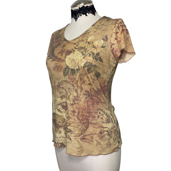 VTG Y2K 90's Xcit U.S.A Floral Rose Bedazzled Baby Tee - Picture 4 of 12